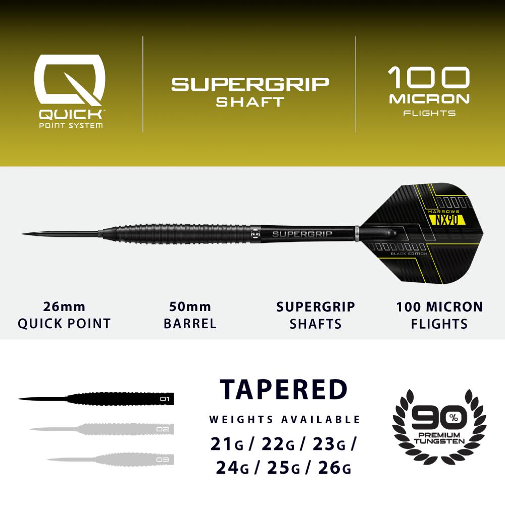 Harrows Steel Dart Set NX90 Black Edition Tapered Quick Point