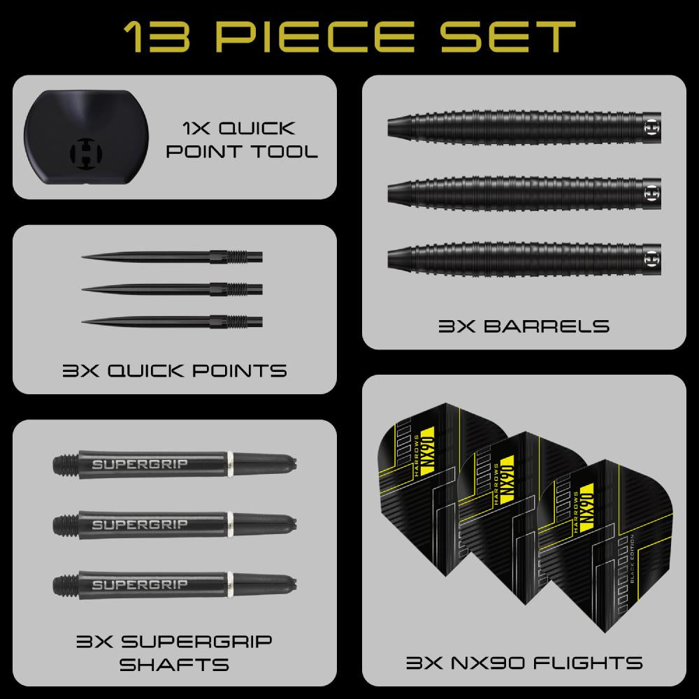 Harrows Steel Dart Set NX90 Black Edition Tapered Quick Point